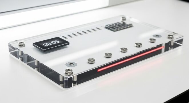 Close-up of a Toughened Acrylic Security Panel with Integrated Digital Display and Red LED Illumination