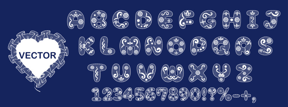 White Lace doilies in Crochet style Alphabet vector collection with Whimsical Coquette letters, number, symbols in Girly, Grandma style made of bridal veil fabric. Wedding, cards, feminine, BD