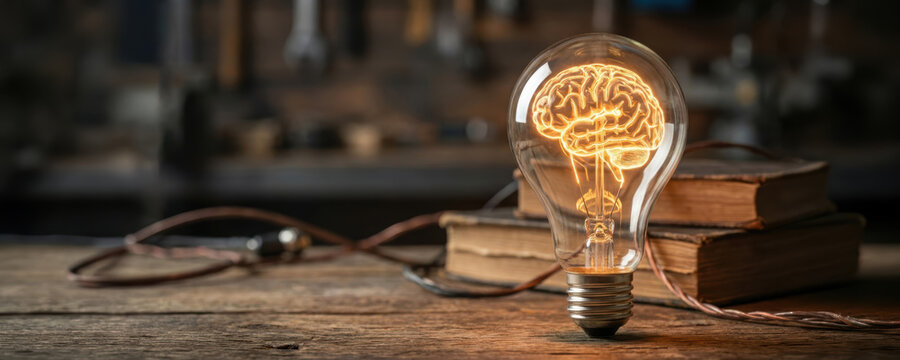 Brain science neurotechnology concept with glowing light bulb shaped like brain on wooden table with books