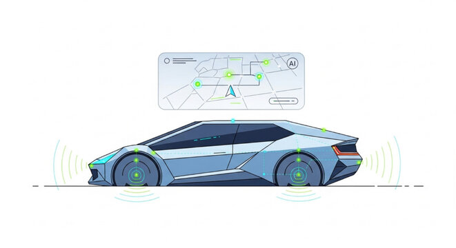 Autonomous electric car with AI navigation interface and sensor system visualization in futuristic minimal tech illustration