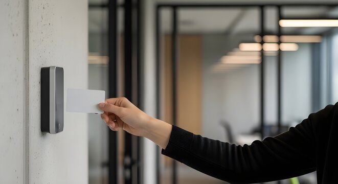 Employee uses a blank white access card to enter a secure modern office building space