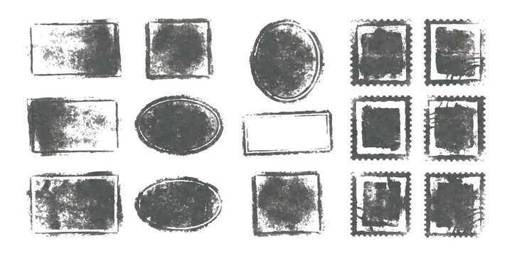 Set of various empty ink stamps and vintage rubber seal frames with grunge textures
