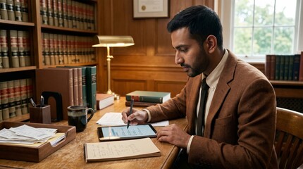 Obraz premium Lawyer reviewing legal documents on tablet in library office. Law practice, legal research, and attorney consultation concept.