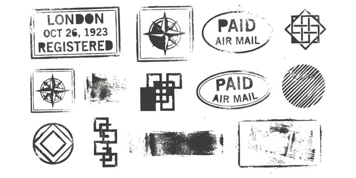 Set of vintage postal stamps and ink marks for mail and letters