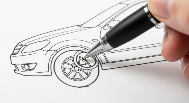 Car insurance accident estimate repair claim concept with pen marking vehicle damage on technical drawing blueprint