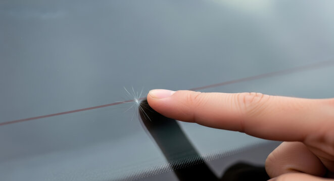 Car insurance accident estimate auto glass scratch damage claim inspection finger touch windshield closeup