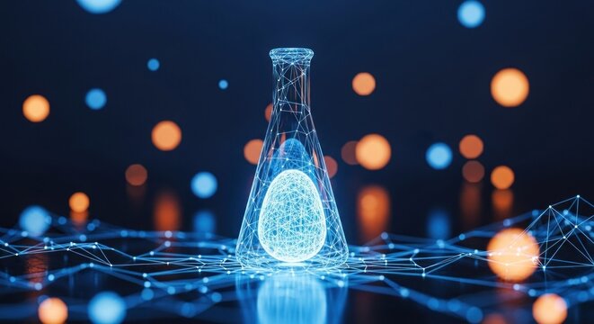 Futuristic lab flask with glowing digital egg