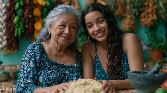 A Puerto Rican grandmother and her adult daughter making sofrito together in a cramped but vibrant apartment kitchen, hanging peppers, dried herbs, mortar and pestle on a tile counter, perfect for c