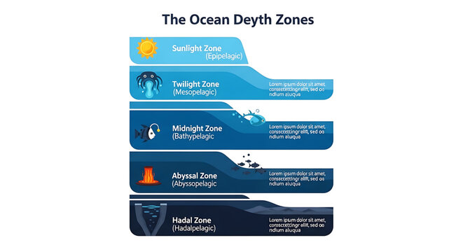 Ocean depth zones infographic with marine life and layers, showing sunlight, twilight, midnight, abyssal, and hadal zones in a vertical crosssection diagram
