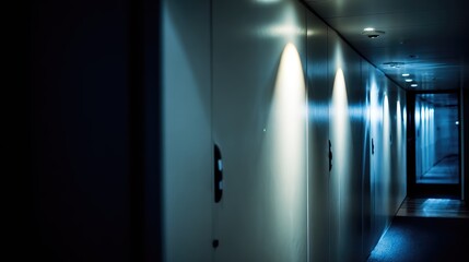 Fototapeta premium Long dark hallway stretching into the distance with ambient spotlights illuminating the wall panels and casting reflections on the floor, creating a moody and mysterious atmosphere
