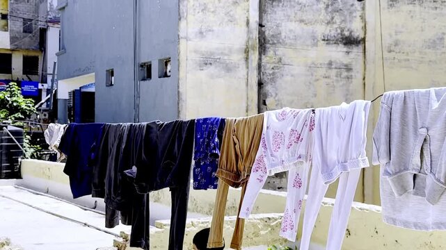 Clothes hanging on rooftop clothesline drying under intense summer heat, household laundry drying outdoors on terrace in bright sunlight