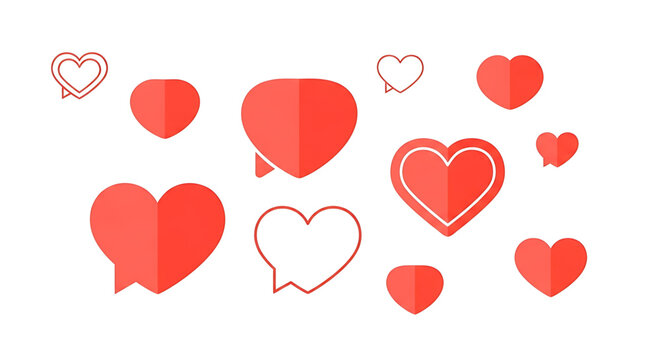 Set of red heart speech bubble icons for social media likes and love messages minimalist flat design heart symbols for valentines day and romantic communication