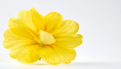 Obraz premium Bright yellow flower with layered petals fully open, smaller bud in background, plain white backdrop emphasizing vivid color and delicate natural texture in minimal composition.