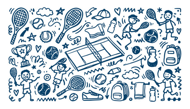 Extensive tennis doodle collection featuring cartoon players court equipment and accessories in line art
