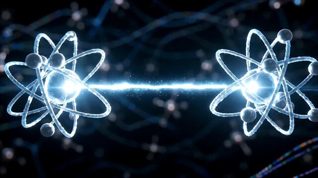 Abstract atom model with orbiting electrons and bright nucleus science background video.