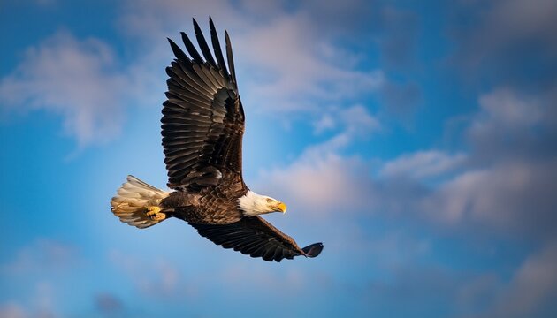 majestic bald eagle soaring through sky with outstretched wings showcasing its powerful presence and striking features symbol of freedom and strength in nature