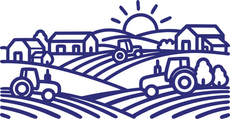 Farm landscape with tractors and buildings at sunrise © Forest Gold