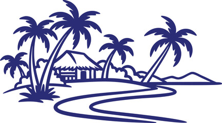 Tropical island landscape with palm trees and hut © Maria
