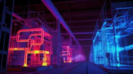 Fototapeta premium Industrial machinery and pipeline systems glowing with intense red and blue neon light, creating a futuristic, high tech energy production or data center environment