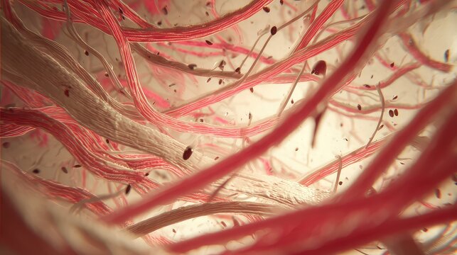 Human muscle and connective tissue fibers interweaving, showing detailed cellular structures and biological composition at a magnified level, illustrating anatomy