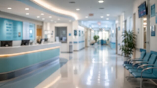 blurred medical clinic hospital reception lobby waiting area healthcare facility interior modern doctor office background blurred nursing station