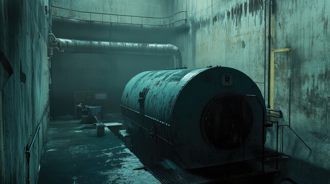 Industrial interior featuring a large processing tank or boiler, multiple pipes, and concrete walls, creating a powerful sense of an abandoned energy facility