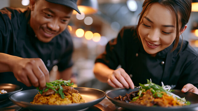 A Zimbabwean-born chef plating umngqusho beside a Korean chef plating bibimbap in a sleek fusion restaurant kitchen, stainless steel surfaces, two culinary traditions side by side, perfect for cultu