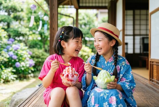 Two Japanese Girls in Yukata Enjoying Kakigori on Engawa Porch, Happy Summer Friendship Scene