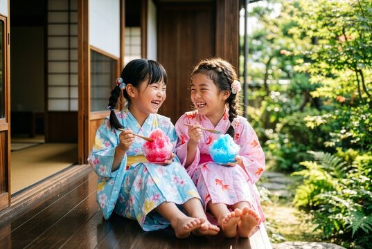 縁側でかき氷を楽しむ浴衣姿の仲良し日本人の女の子二人、夏の風情ある友情シーン