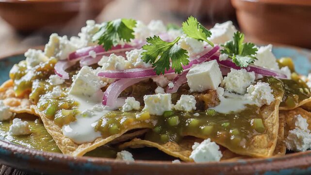 Delicious Chilaquiles Verdes with Queso Fresco and Cilantro.