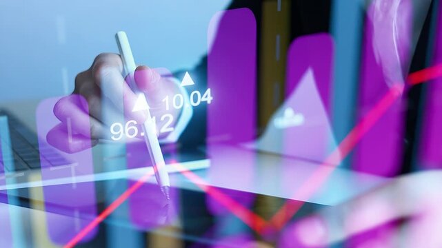 Business person analyzes data with a digital tablet showing graphs and charts in a modern office setting during the day.