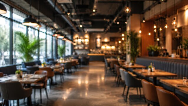 Blurred restaurant interior cafe dining room background luxury bistro lounge industrial design warm lighting bokeh out of focus commercial space