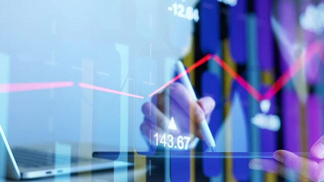 Market trends and stock analysis take place on a digital screen with charts and a laptop during a business meeting in 2023.