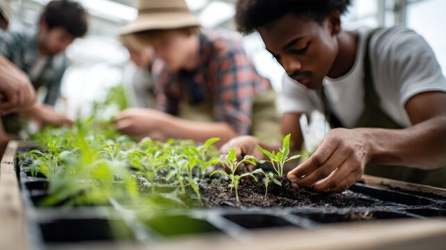 People planting seedlings in greenhouse