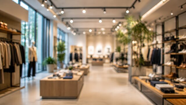 Blurry modern clothing retail store interior luxury boutique fashion shop bokeh background apparel display shopping mall commerce