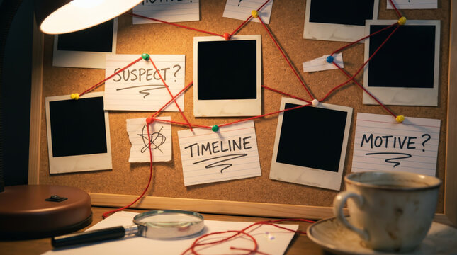 Detective Investigation Board with Red String Connecting Evidence Photos Suspect Timeline and Motive Notes under Desk Lamp Light for Crime Mystery Analysis and Conspiracy Theory Solving