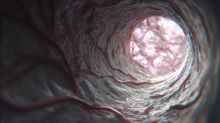 Fototapeta premium Tunneling deeply inside a body organ, observing the microscopic network structure of capillaries and veins, highlighting the complex biological system for scientific and medical purposes
