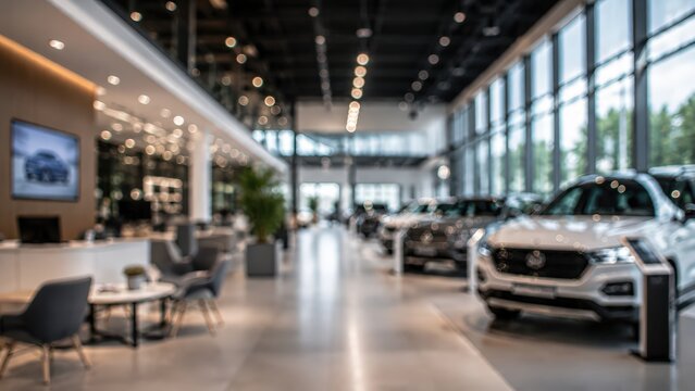 Car dealership showroom interior blurred background luxury automobile retail store modern vehicle display transport industry automotive business