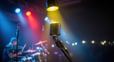 Obraz premium Vintage microphone on stage with colorful lighting and drummer