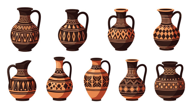 Set of ancient Greek pottery vases and amphorae featuring traditional geometric and floral black figure patterns.