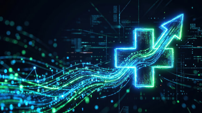 Healthcare innovation spending digital health data flow glowing plus sign