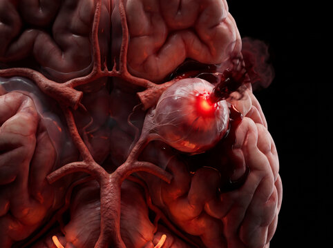 3D render of a rupturing cerebral aneurysm in the human brain showing blood vessels and hemorrhage on a dark background.