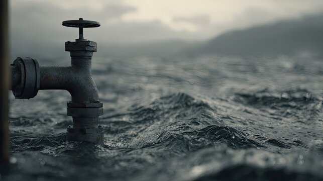 Robust industrial pipe with a control valve rises from the turbulent, dark surface of a stormy ocean, symbolizing environmental crisis, resource management, and the impact on natural ecosystems