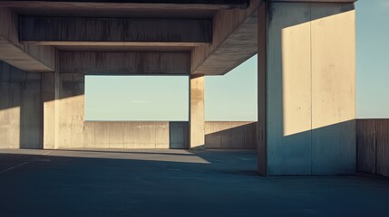 Naklejka premium Concrete architecture of an empty brutalist parking garage featuring strong geometric shadows and bright blue sky, creating a minimalist and stark urban landscape bathed in sunlight