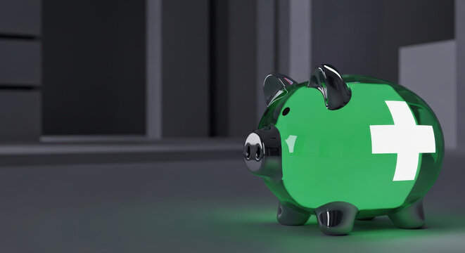 Healthcare innovation and spending are symbolized by green piggy bank with white cross representing medical savings
