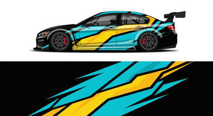 Fototapeta premium Vibrant race car with blue yellow lightning livery in profile shot for dynamic motorsport image.