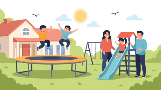 Happy family spending time together at a backyard playground with children jumping on a trampoline and sliding down a slide.