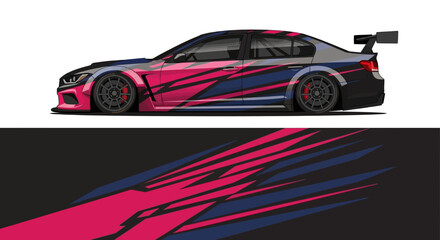 Fototapeta premium Vibrant pink and magenta racecar with bold graphic stripes racing on a dark track.