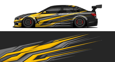 Fototapeta premium Side view of a custom race car with bold yellow and black flame livery and sleek aerodynamic design.