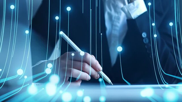 Business professional writes notes while digital elements float around in a modern office setting.